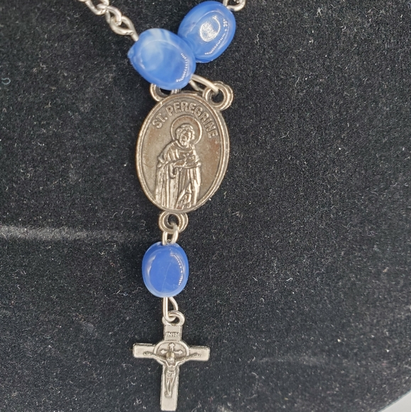 St. Anthony and St. Peregrine Silvertone Blue Necklace - Picture 3 of 4